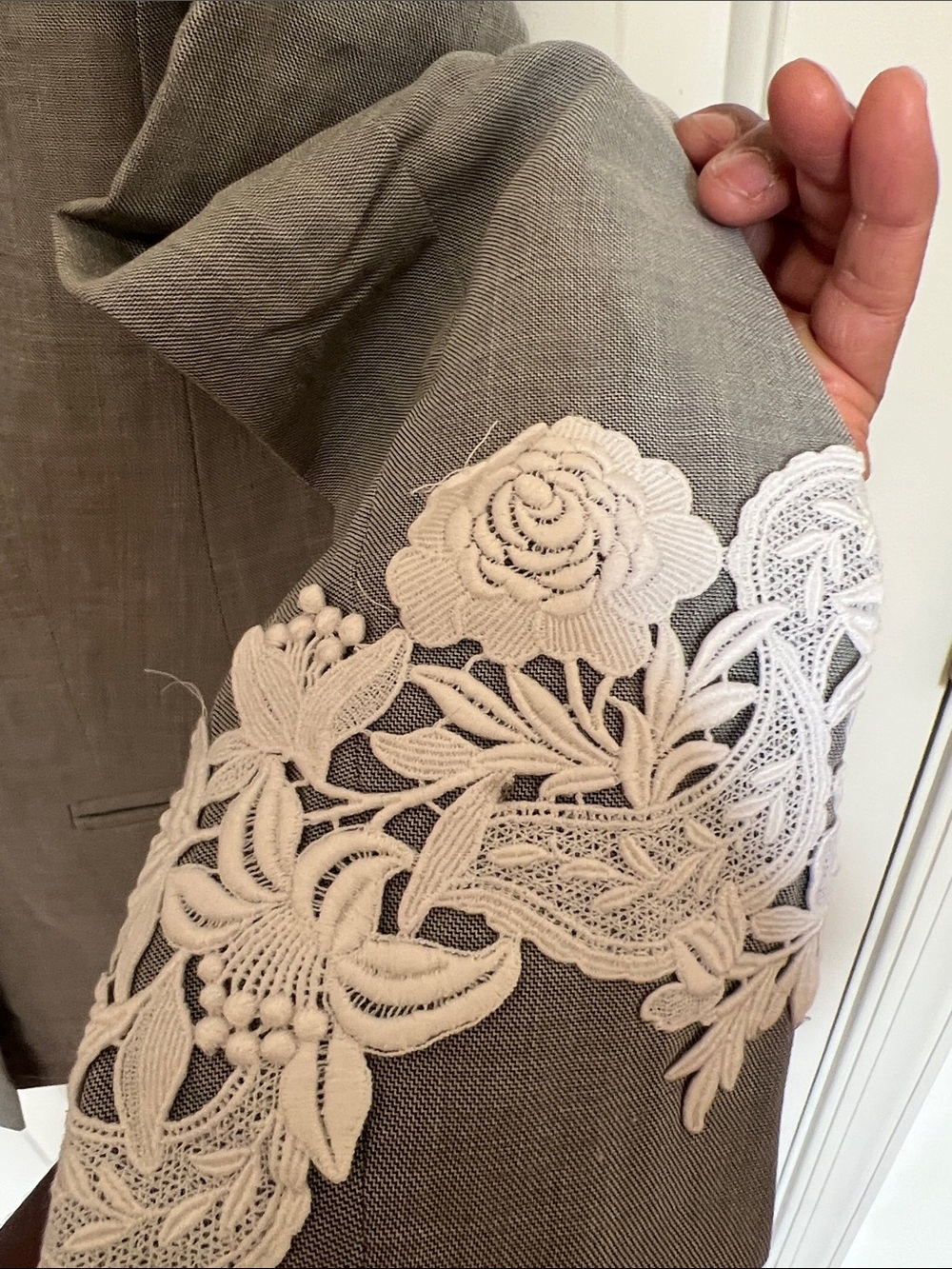 Louis Feraud Gray Blazer with White Lace Trim - Picture 9 of 16